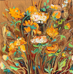 "Golden Ranunculus" Mixed Media Painting on Stretched Canvas