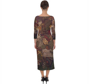 "Abstract Autumn Botanical" Quarter Sleeve Midi Bodycon Dress