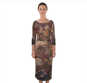 "Abstract Autumn Botanical" Quarter Sleeve Midi Bodycon Dress