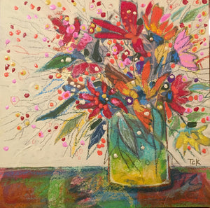 "Whimsical Floral with Green Vase" 8x10 Inch Canvas Reproduction