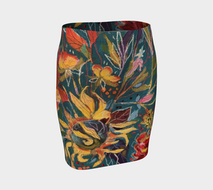 "Gnarly Sunflower w/ Dark Teal Botanical"  Artisan Fitted Skirt