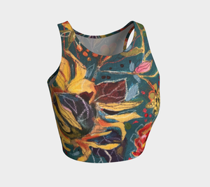 "Gnarly Sunflower with Dark Teal Botanical" Cropped Yoga Tank top