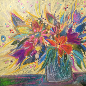 "Whimsical Botanical w/ Blue Vase" Mixed Media Painting