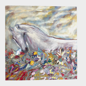 ANIMAL LOVERS COLLECTION "White Spirit Horse Botanical" 36x36 Inch Chiffon Wild Rag Scarf (EG)